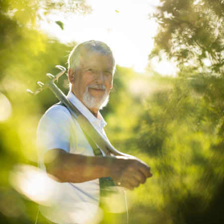 Senior gardener gardening in his permaculture garden - holding a spadeの写真素材
