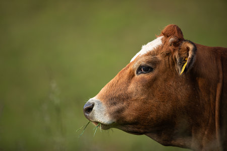 Cow in pasture. Mountain meadow. Green meadow in mountains and cow summer landscape.の写真素材