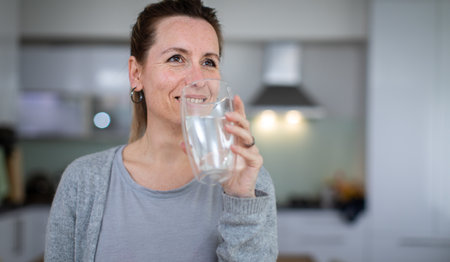 Happy beautiful young woman drinking water. Smiling Caucasian female model holding transparent glass in her hand.の写真素材