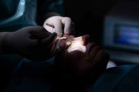 Middle-aged woman undergoing a face surgery in a private clinic.の写真素材
