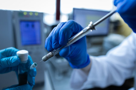close up of a scientist's hand holding a syringe in the laboratoryの写真素材