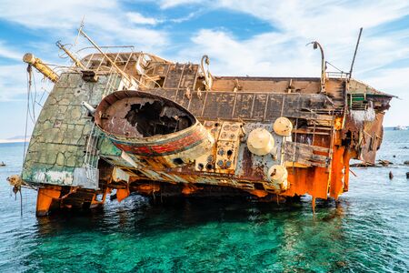 Part of a colorful wreckage afloat in the Red Sea, or at least what remains of it.の写真素材