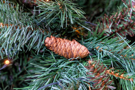 A pine cone with pine branches and lights, used as Christmas decorations. Central focus and bokeh effect.の写真素材