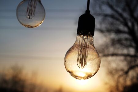 Light Bulb above Sunset background. bulb transparent lamp alternative solar energy in city. Symbol, concept of business new creative idea. Save eco energy.の写真素材
