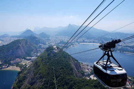 Cable car going to the Sugar Loaf in Rio de janeiro Brazilの写真素材