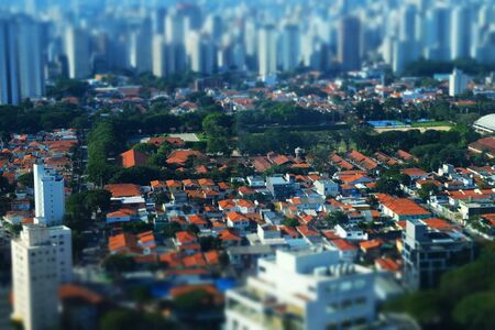 Miniature rooftop view of downtown skyscraper buildings by tilt-shift in Sao Paulo Brazilの写真素材