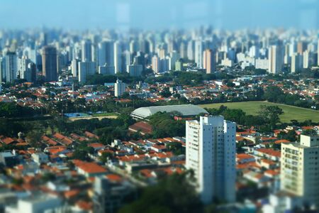 Miniature rooftop view of downtown skyscraper buildings by tilt-shift in Sao Paulo Brazilの写真素材