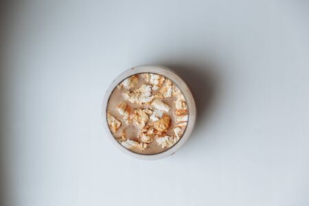 A mug of hot chocolate with lots of marshmallows. Isolated, from above, Selective focusの写真素材