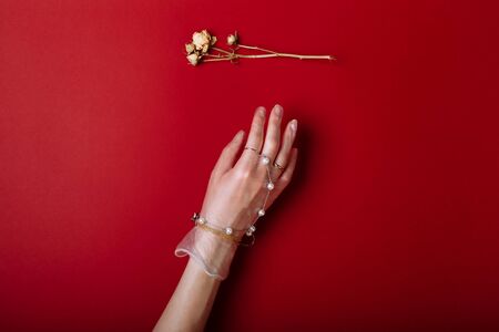 Fashion art hand woman in the glove with Jewelry in summer time and flowers behind her hand with bright contrasting makeup. Creative beauty photo hand skincareの写真素材