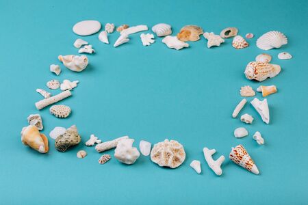 Frame for photo is made from different kinds of seashells, corals in front of a blue background,...