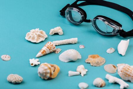 Vacation concept: swimming goggles, different kinds of seashells, corals.の写真素材