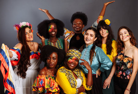 Happy multi ethnic, multicultural young students have a party looking at camera, smiling, posing together at meeting, tolerance and racial equality conceptの写真素材