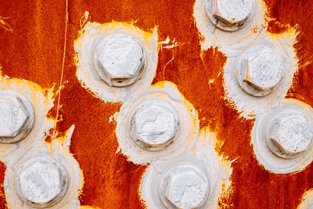 abstract background of bolts and nuts painted white on a red backgroundの写真素材