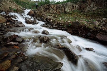 The waterfalls of the mountain river on a cloudy day. Plateau putoranaの写真素材