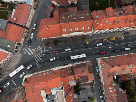 Drone view of sunset above Zemum district, Belgrade, Serbia, Europe. 4K.の写真素材