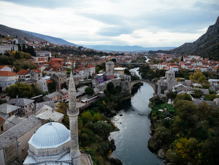 Aerial view of the city of Mostar and Neretva river, old Bridge, Koski Mehmed Pasha Mosque. Bosnia...