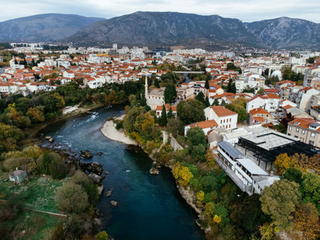 Aerial view of the city of Mostar and Neretva river, old Bridge, Koski Mehmed Pasha Mosque. Bosnia...