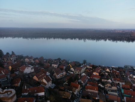 Drone flight at sunset above the Zemum district, Belgrade, Serbia, Europe.の写真素材