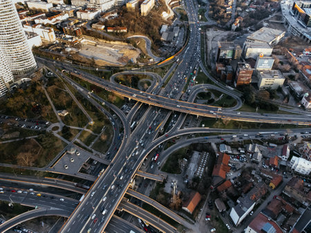 Aerial drone view of a road junction at sunset Belgrade, Serbia, Europe.