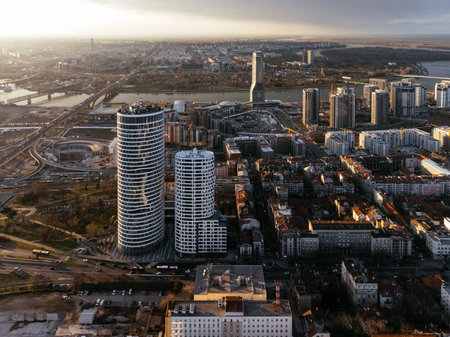 Drone view of the skyscrapers at the sunset Belgrade waterfront and skyline towers. Serbia, Europeの写真素材