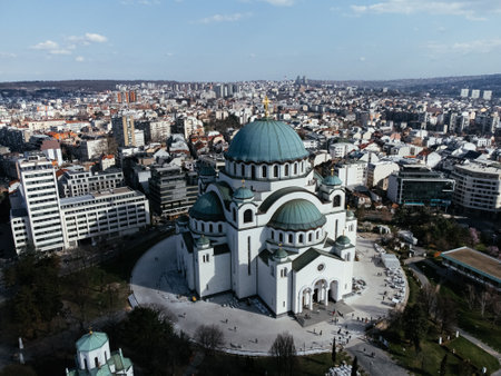 Drone view of the St. Sava Temple placed in the Belgrade city. The largest orthodox cathedral in the world. Belgrade, Serbia, Europe.の写真素材