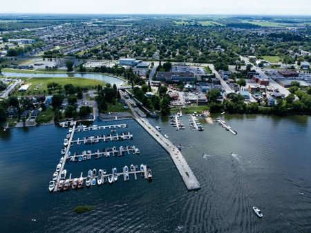 Drone view of Chambly channel, fort, yacht dock