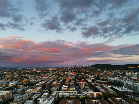 Drone view of the colorful sunset and park, downtown, and Royal Mountain in the background. Montreal, Canadaの写真素材
