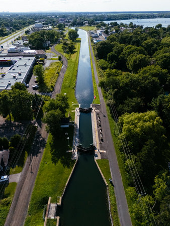Drone view of Chambly channel, fort, yacht dockの写真素材