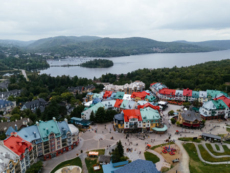 The mountain and ski resort is at the mountain's foot in the summer. Mont-Tremblant, Quebec, Canadaの写真素材