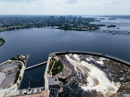 Aerial view of hydro dam in the Ottawa-Gatineau metropolitan area.の写真素材