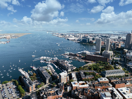 Aerial view of Boston Bay with yachts in it drone view from above. Massachusetts, USA