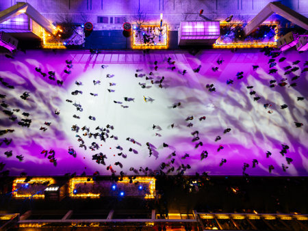 Montreal city skating rink at night illuminated for Christmas, Quebec, Canada.の写真素材