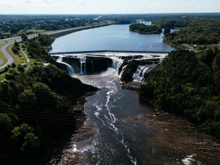 Aerial view of waterfall of river Chaudiere, Quebec city, Quebec, Canada.の写真素材