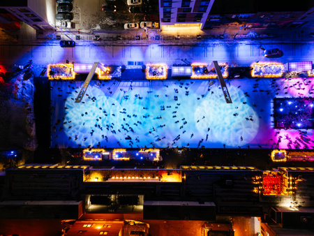 Montreal city skating rink at night illuminated for Christmas, Quebec, Canadaの写真素材
