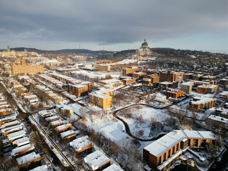 Aerial view of St. Josephs Oratory of Mount Royal at Sunset in winter. Montreal, Quebec, Canadaの写真素材