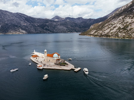 Drone view of the Church of Our Lady of the Rocks and Island of Saint George, Montenegro, Europe.