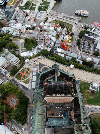 Aerial view of Frontenac Castle in Old Quebec City, Quebec, Canada, North America.の写真素材