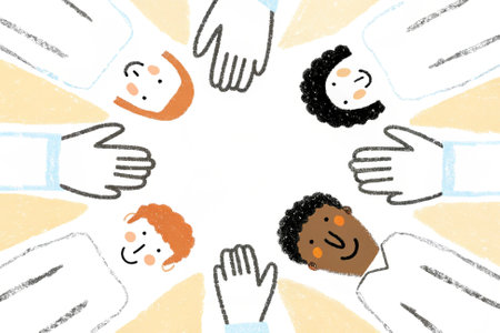 Palms up hands of a multinational group African, latin and European people stay together in circleの写真素材