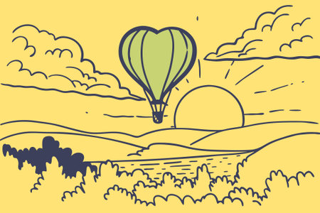 Hot red air balloon heart shape flying into the sunset over valley landing or taking off.の写真素材