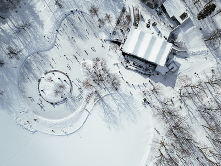 View of the skating rink and downtown in winter from Mont Royal, Montreal. Quebec, Canadaの写真素材