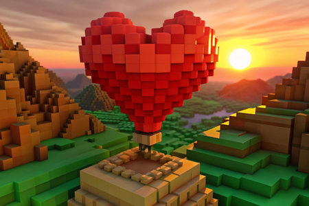 Picture of Hot air balloon flying into the sunset over valley and mountains.