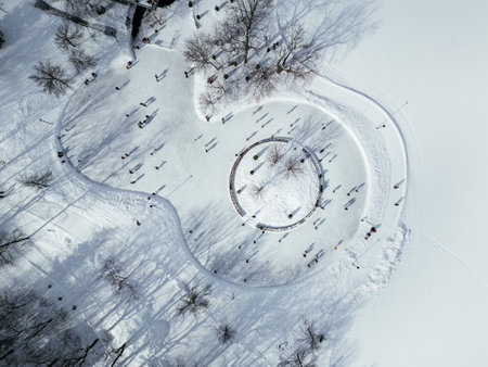 View of the skating rink and downtown in winter from Mont Royal, Montreal. Quebec, Canadaの写真素材