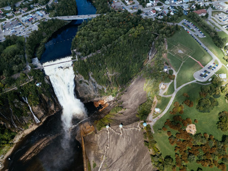 Drone view of Montmorency Falls, Quebec, Canadaの写真素材
