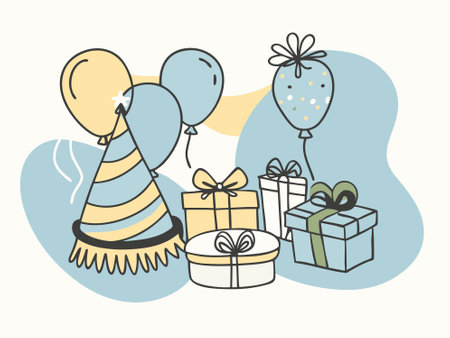 Birthday concept: party belongings laying in front of birthday boy or girlの写真素材
