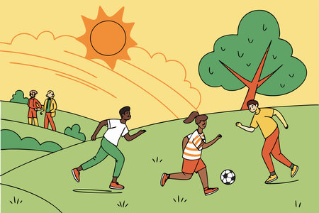 A group of people of different ages, genders, nationalities are playing soccer in the parkの写真素材