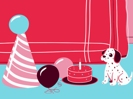 Pet Birthday concept: party belongings laying in front of petの写真素材