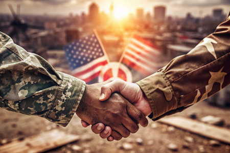 Civilians, soldiers shake hands, symbolizing peace, unity, and respect. Peace concept