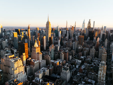 Aerial photo of Manhattan downtown from above at sunrise without clouds. New York, USA.の写真素材