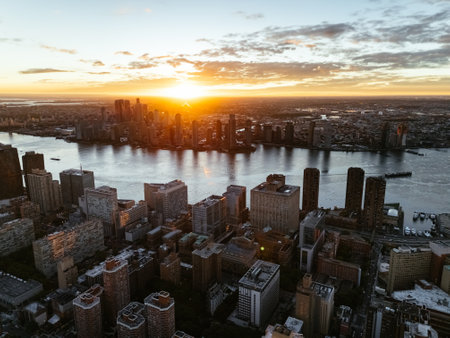 Aerial photo of Manhattan downtown from above at sunrise. New York, USA.の写真素材