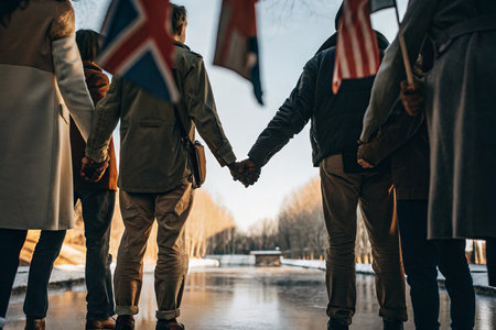 Civilians, soldiers shake hands, symbolizing peace, unity, and respect. Peace concept
